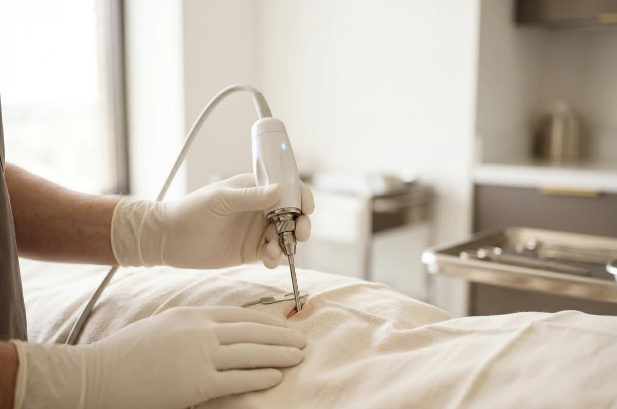 Radiofrequency-assisted liposuction handpiece (BodyTite RFAL) operated by gloved surgeon during a private operating room procedure