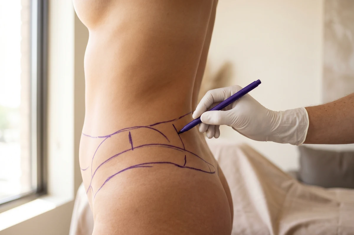 Plastic surgeon marking pre-operative Lipo 360 contour lines on a female torso in violet surgical marker