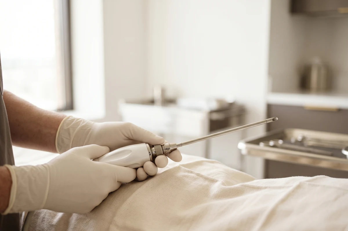 Surgeon gloved hands operating a Microaire PAL power-assisted liposuction handpiece during a private operating room procedure